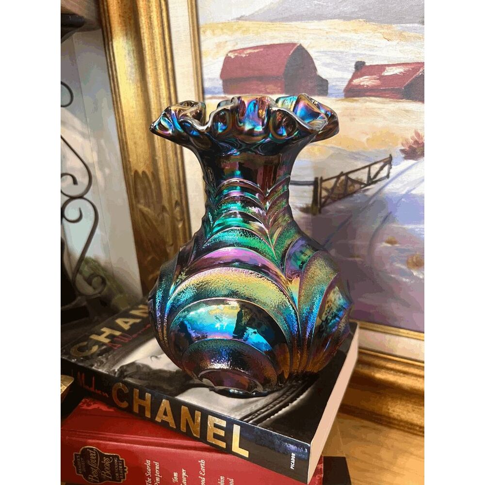 Vintage Fenton Carnival Glass Amethyst Iridescent Drapery Vase